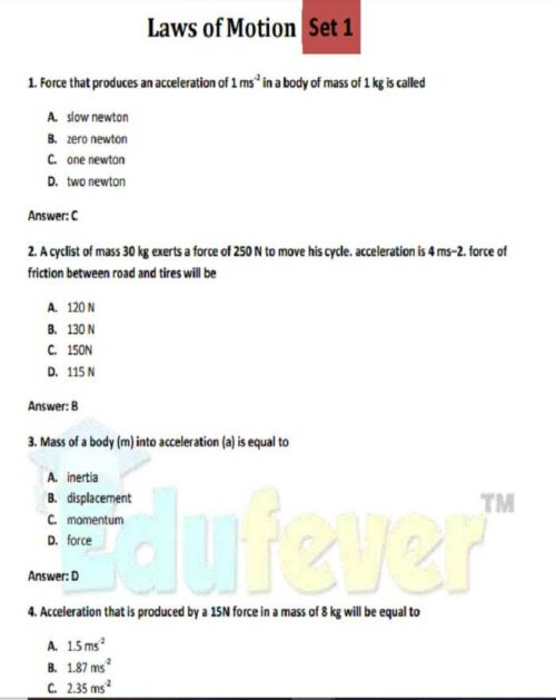 Class 12th law of motions mcq e book
