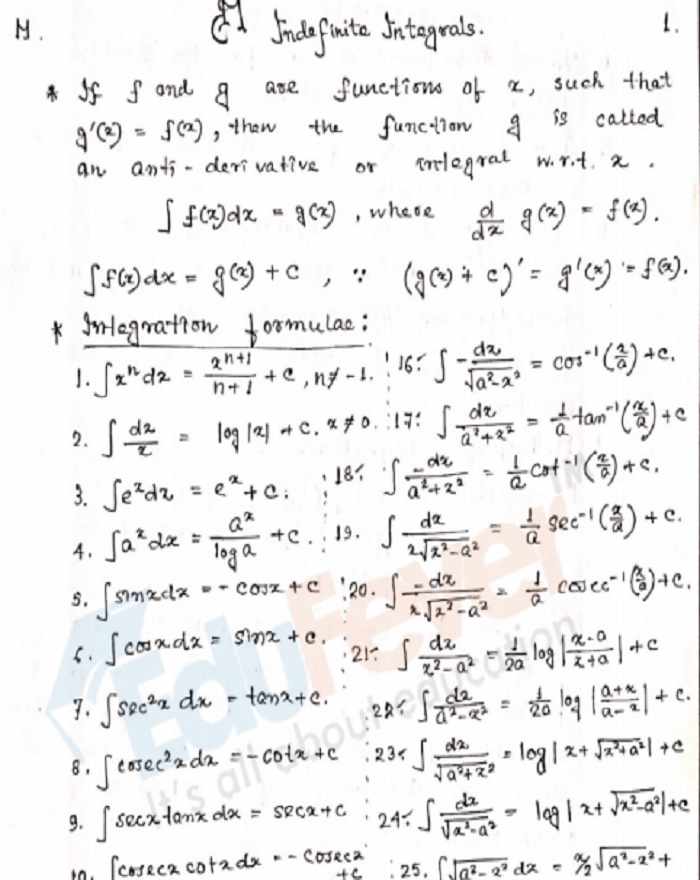 integration formulas for class 12