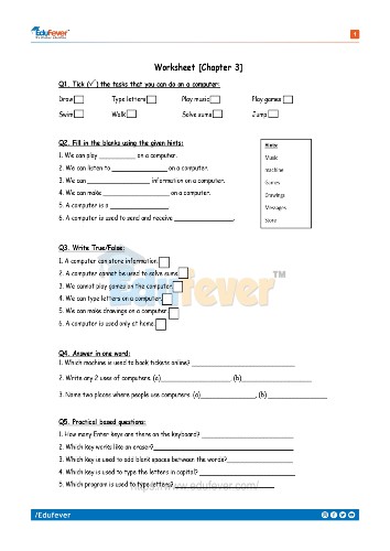 Class 1 Uses Of Computer Worksheet 1