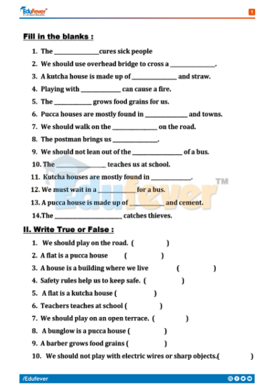 CBSE Class 1 EVS Class Test Worksheet In PDF