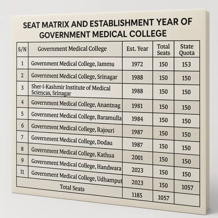 Jammu & Kashmir NEET Counselling Seat Matrix